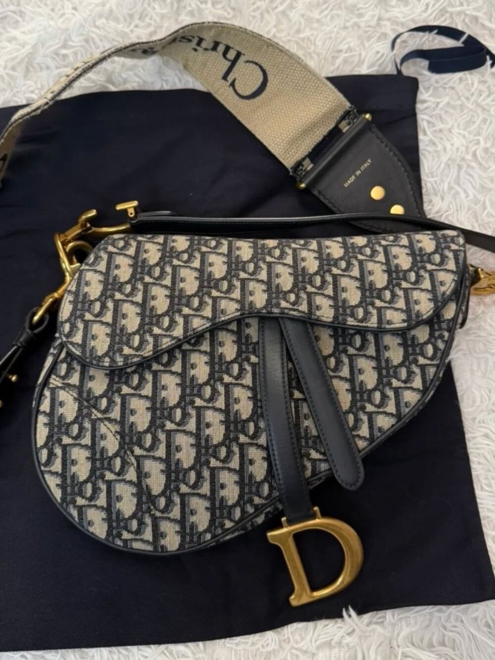 CHRISTIAN DIOR Oblique Saddle Bag in Blue with shoulder strap